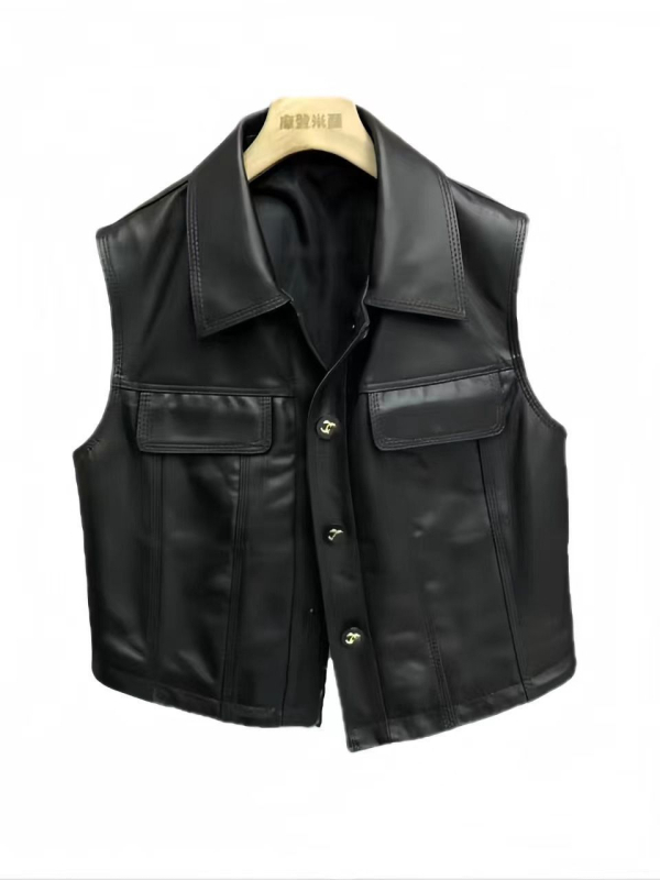 Moteriška ožkos odos liemenė, kardigan stiliaus darbiniai drabužiai, kvadratinė apykaklė, laisvas kirpimas, ruduo 2025