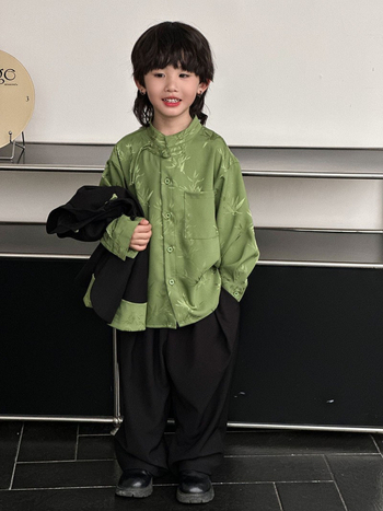 Σετ δύο τεμαχίων για αγόρια, κινεζικό στυλ Tang, πουκάμισο με μακριά μανίκια και παλτό, για ηλικίες 3–8 ετών, άνοιξη 2024, ύφασμα από πολυεστέρα σε ανάμειξη