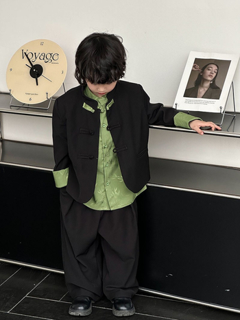 Σετ δύο τεμαχίων για αγόρια, κινεζικό στυλ Tang, πουκάμισο με μακριά μανίκια και παλτό, για ηλικίες 3–8 ετών, άνοιξη 2024, ύφασμα από πολυεστέρα σε ανάμειξη