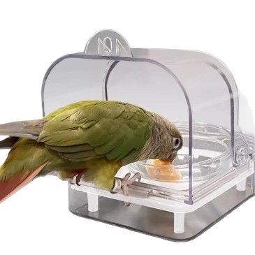 Papagáj etető doboz anti-szóródó kialakítással és szeparációval a gabonahéjak között, tál a ketrechez és vízmedence, automata etető