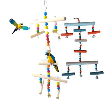Стойка за папагали с дървена дъвчаща играчка и катереща стълба, дървен висящ аксесоар за клетка