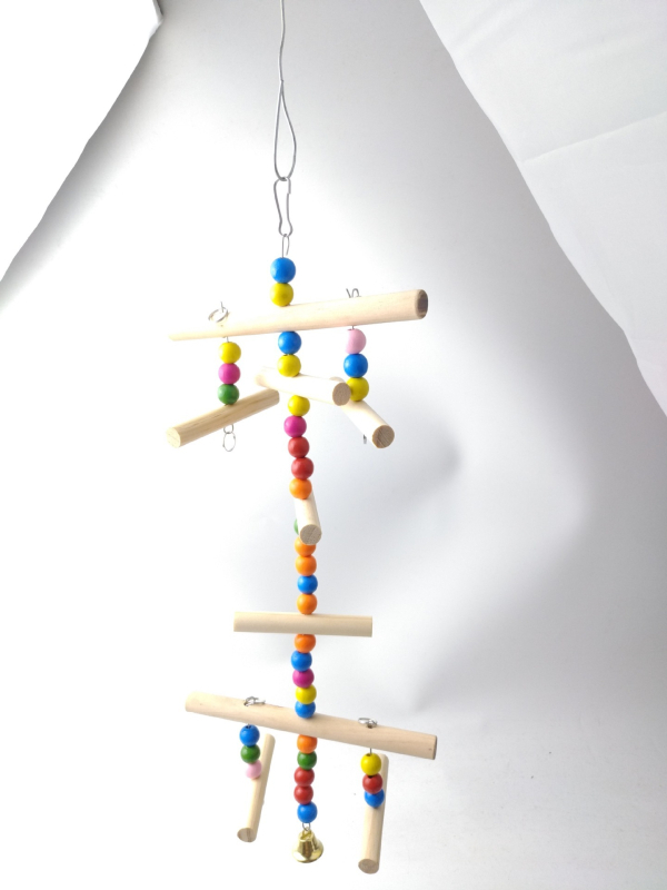 Стойка за папагали с дървена дъвчаща играчка и катереща стълба, дървен висящ аксесоар за клетка