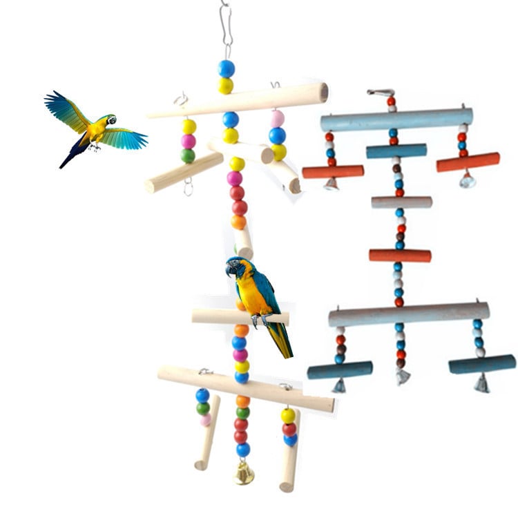 Стойка за папагали с дървена дъвчаща играчка и катереща стълба, дървен висящ аксесоар за клетка