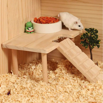 Πλατφόρμα κλουβιού για χάμστερ με διώροφο σκαλοπάτι και ξύλινο τραπέζι
