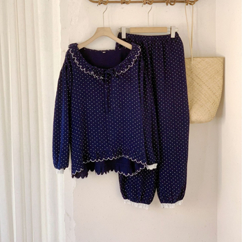 Σετ πιτζάμες γυναικών, κορεατικό στυλ με πουά, απλό και άνετο βαμβάκι, μακριές μανίκια, παντελόνια