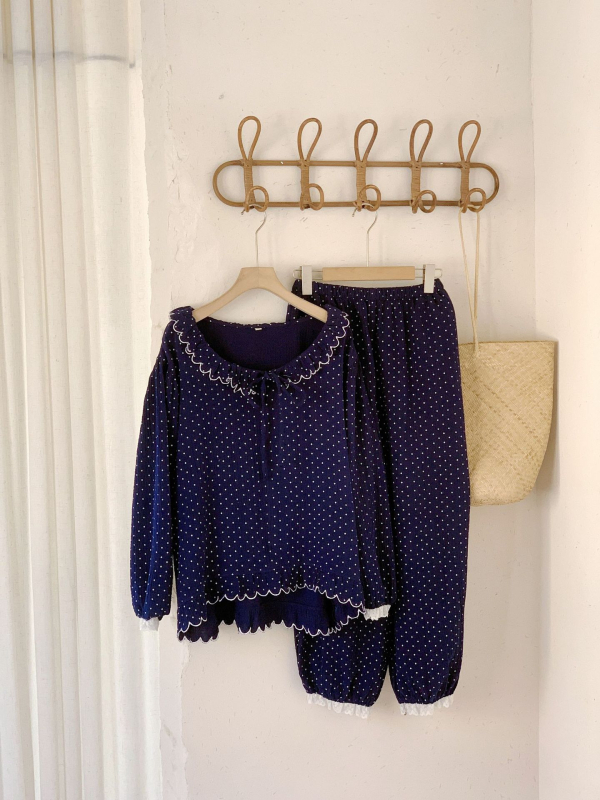 Σετ πιτζάμες γυναικών, κορεατικό στυλ με πουά, απλό και άνετο βαμβάκι, μακριές μανίκια, παντελόνια