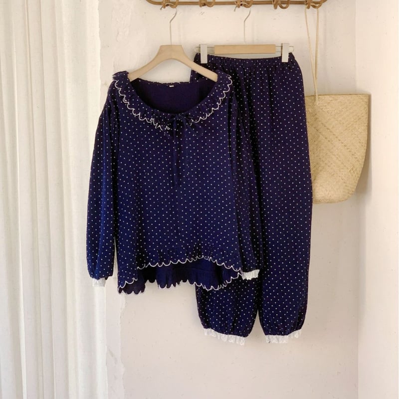 Σετ πιτζάμες γυναικών, κορεατικό στυλ με πουά, απλό και άνετο βαμβάκι, μακριές μανίκια, παντελόνια