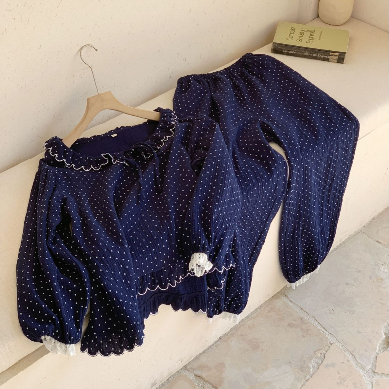 Σετ πιτζάμες γυναικών, κορεατικό στυλ με πουά, απλό και άνετο βαμβάκι, μακριές μανίκια, παντελόνια