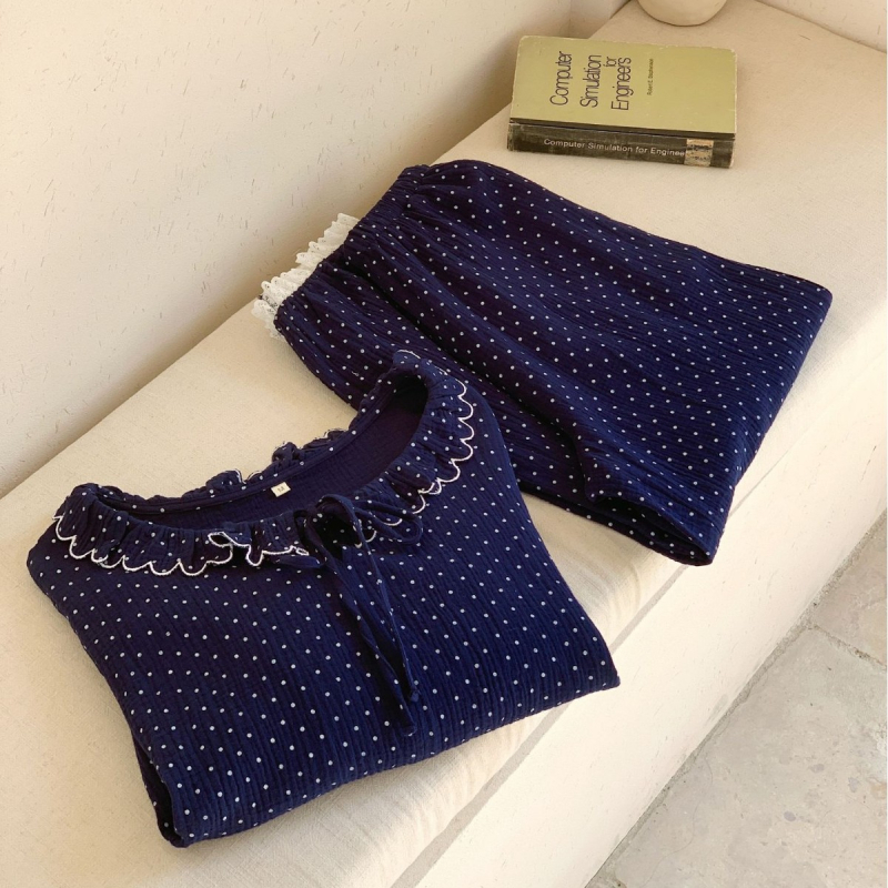 Σετ πιτζάμες γυναικών, κορεατικό στυλ με πουά, απλό και άνετο βαμβάκι, μακριές μανίκια, παντελόνια