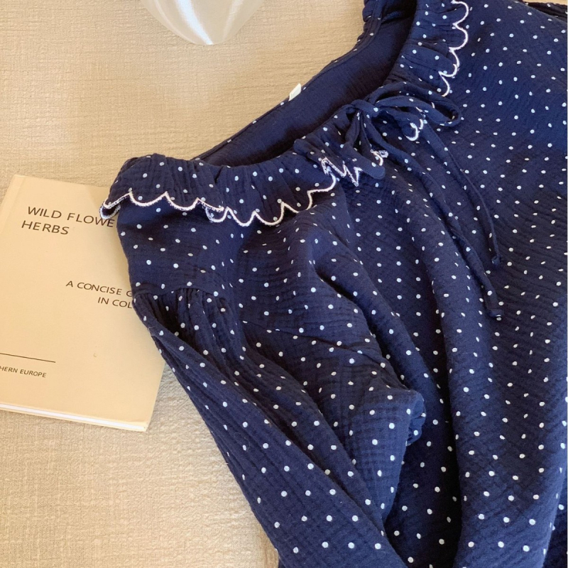 Σετ πιτζάμες γυναικών, κορεατικό στυλ με πουά, απλό και άνετο βαμβάκι, μακριές μανίκια, παντελόνια