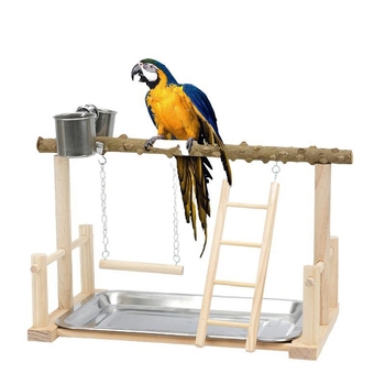 Παιχνιδότοπος για παπαγαλάκια με κρεμάστρα για πουλιά, κούνια από κέλυφος καρύδας, σκάλα ανάβασης και διαδραστικό παιχνίδι γρατσουνίσματος σε βάση