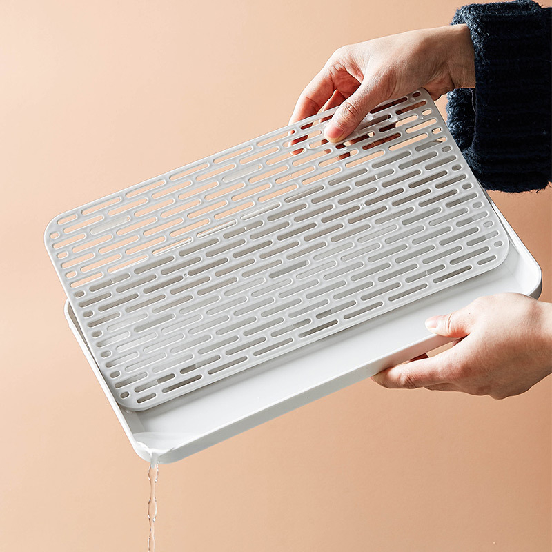 Dvigubo sluoksnio plastikinė padėklas su drenažu, stačiakampis puodelių laikiklis ir arbatos laikymas — šiaurietiškas paprastas stilius