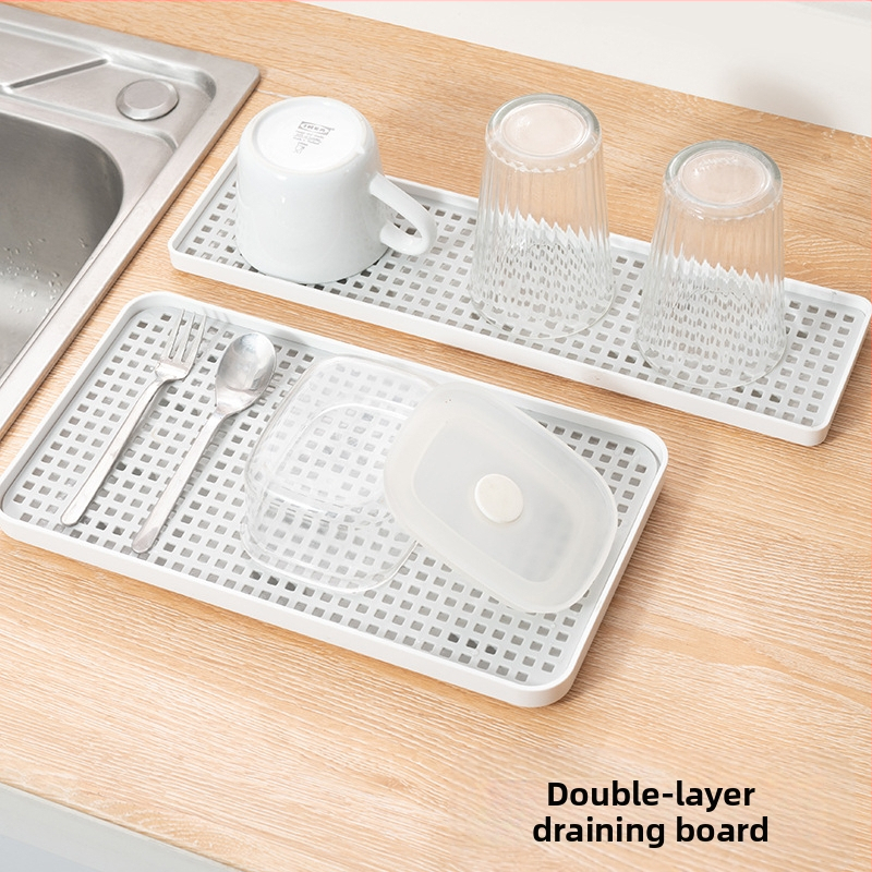 Dviejų sluoksnių arbatos padėklas su drenažu, plastikinis, šiaurietiškas minimalistinis stilius, stačiakampė forma