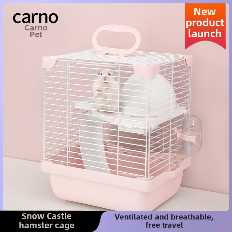 Hamsteru būris ar dubulti slāņotu dizainu un divstāvu platformu, sniega pils stilā, plastmasas un dzelzs stieples konstrukcija, visu gadalaiku izmantošanai