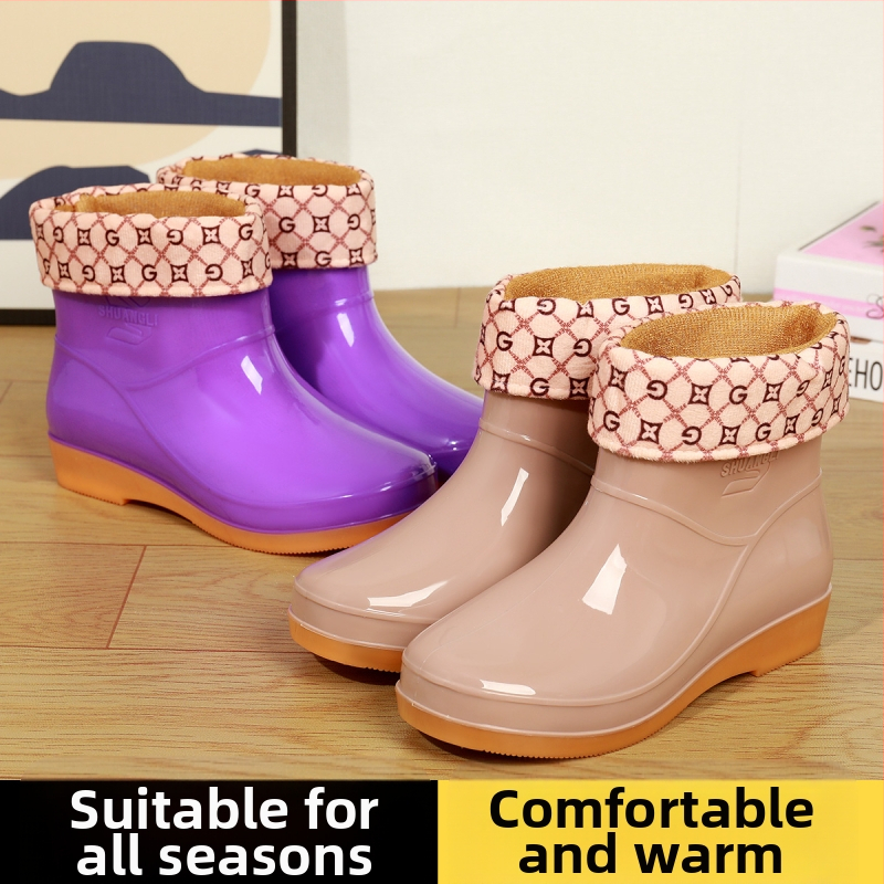Moteriški lietaus batai su fleece įdaila, žemas batų aukštis, plastikinė viršutinė dalis, atsparūs vandeniui ir neslystantys, pavasariui ir rudeniui