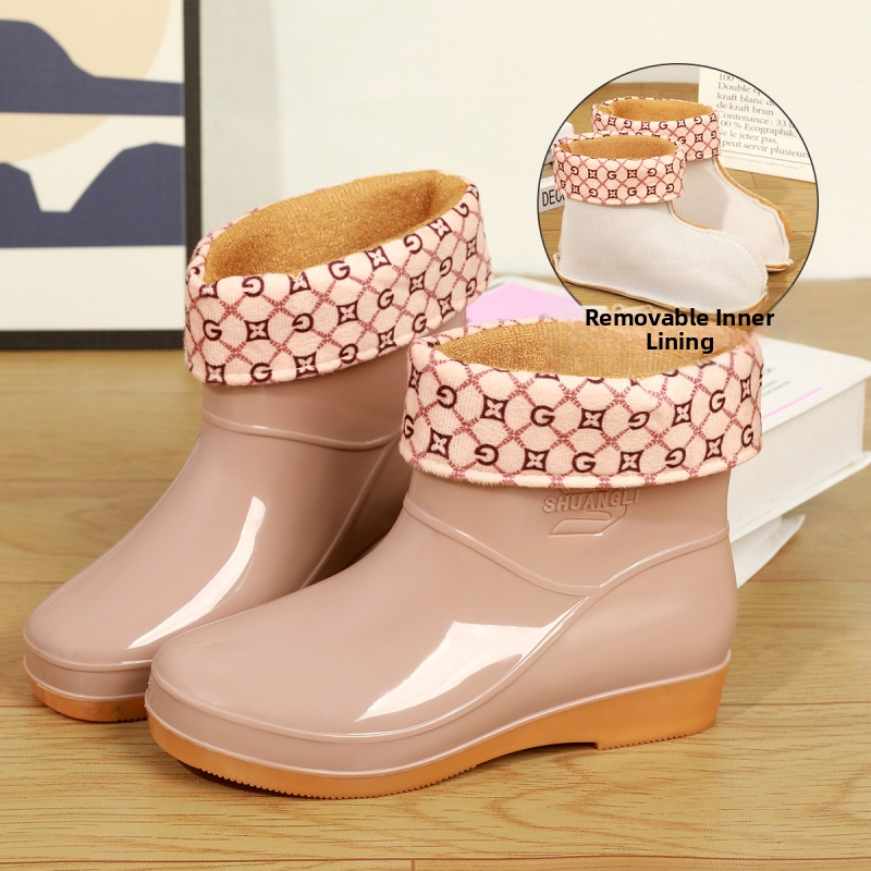 Moteriški lietaus batai su fleece įdaila, žemas batų aukštis, plastikinė viršutinė dalis, atsparūs vandeniui ir neslystantys, pavasariui ir rudeniui
