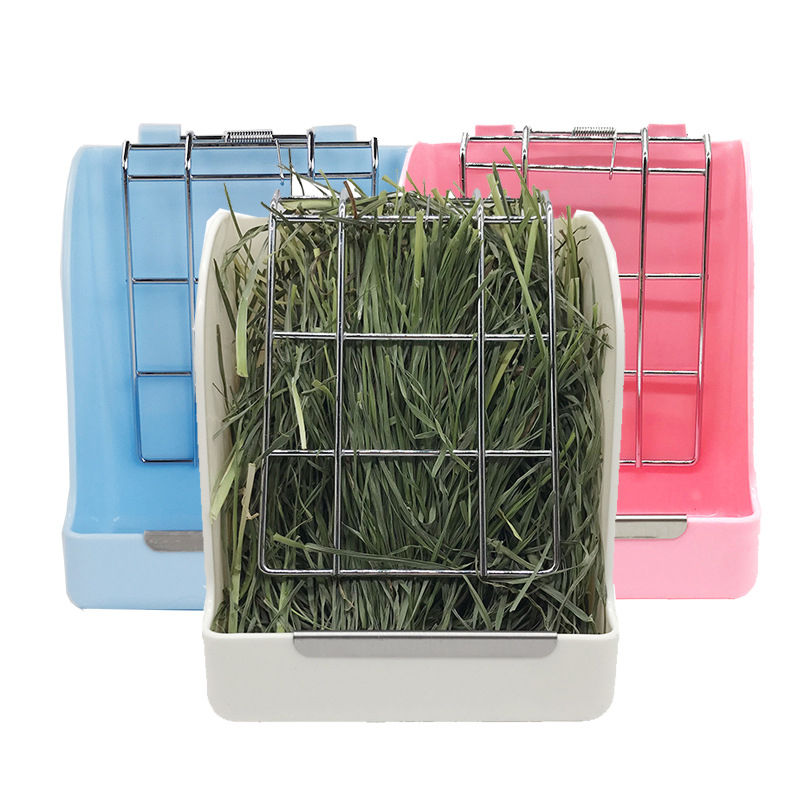 Coș de hrană pentru porcușor de Guinea și iepuri; suport pentru fân (Material: Plastic + plasă de fier; Brand: Sally; Potrivit pentru: porcușori de Guinea, iepuri și alte animale mici)