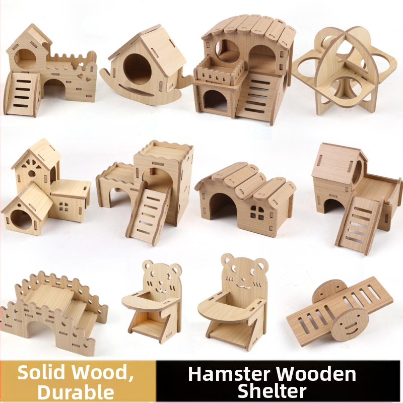 Hamstera koka māja ar guļvietu un divstāvu vilu — ciets koks, Pet taro
