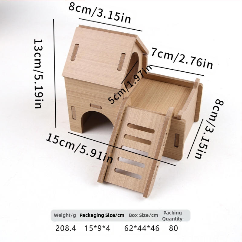 Hamstera koka māja ar guļvietu un divstāvu vilu — ciets koks, Pet taro