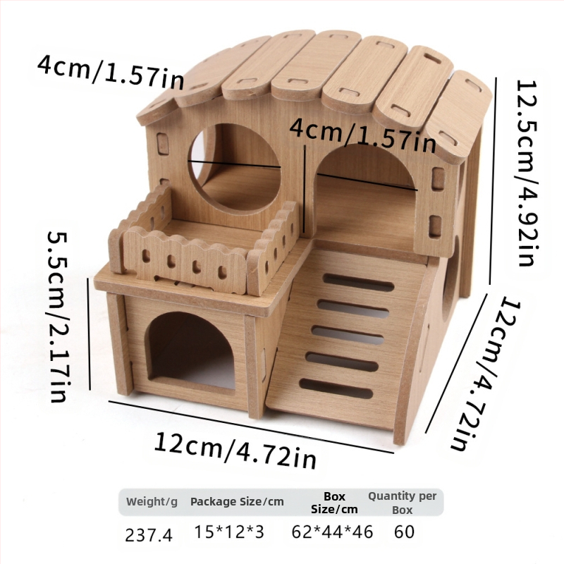 Hamstera koka māja ar guļvietu un divstāvu vilu — ciets koks, Pet taro