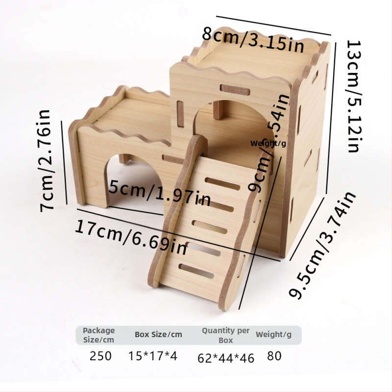 Hamstera koka māja ar guļvietu un divstāvu vilu — ciets koks, Pet taro