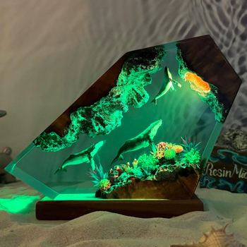 Λάμπα ρητίνης με οικογένεια φαλαινών, ξύλινο νυχτερινό φωτιστικό, θαλάσσιο διακοσμητικό, δώρο για τη μητέρα