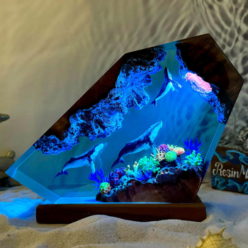 Λάμπα ρητίνης με οικογένεια φαλαινών, ξύλινο νυχτερινό φωτιστικό, θαλάσσιο διακοσμητικό, δώρο για τη μητέρα