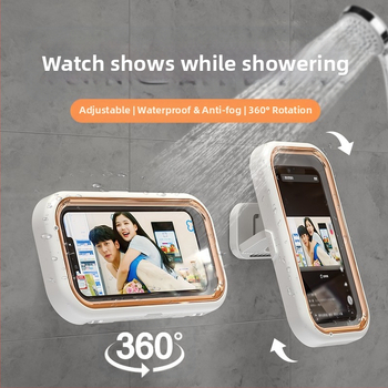 Телескопична водоустойчива кутия за телефон за баня с въртящ се тъч екран, стенен монтаж чрез лепило, ABS+PET
