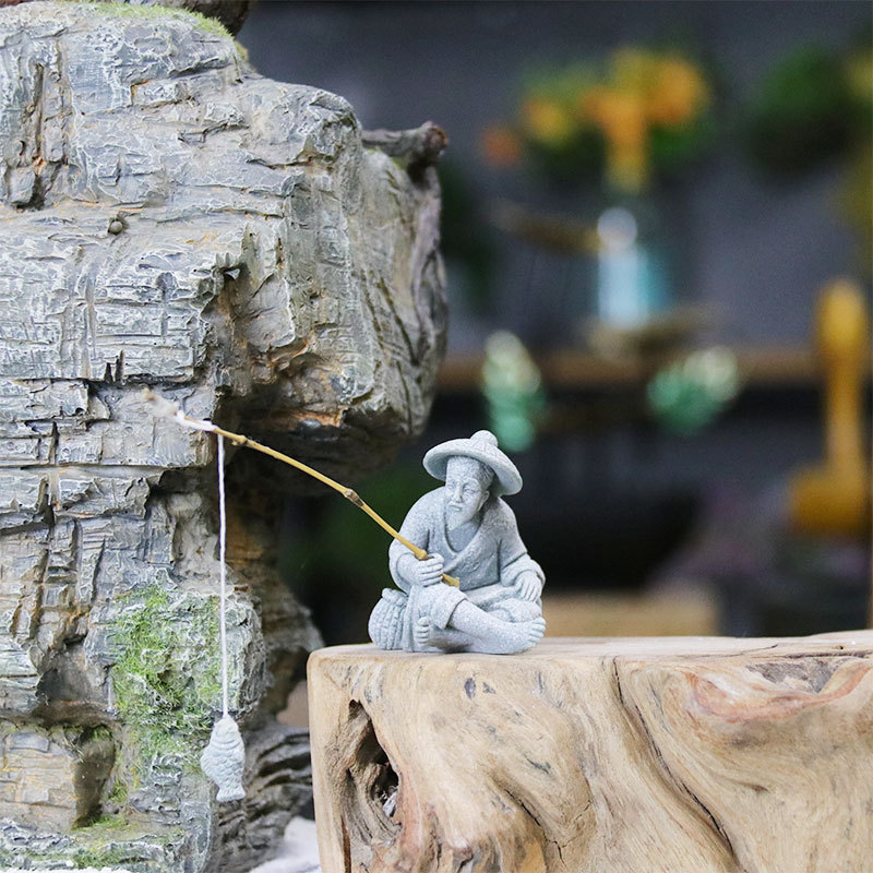 Άγαλμα ψαρά για κήπο – ψαμμίτης, κινέζικο στυλ, διακόσμηση τοπίου με μπονσάι, ημιχειροποίητη και ημιμηχανική κατασκευή, επιφάνεια αμμοβολής