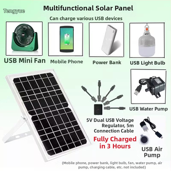 Слънчев панел за външно зареждане с двойни USB изходи, регулируем изход 5V/12V DC и захранване за съхранение на енергия