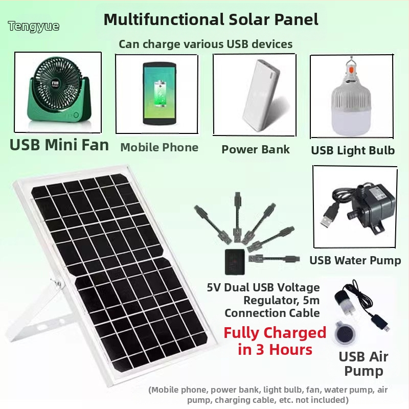 Слънчев панел за външно зареждане с двойни USB изходи, регулируем изход 5V/12V DC и захранване за съхранение на енергия