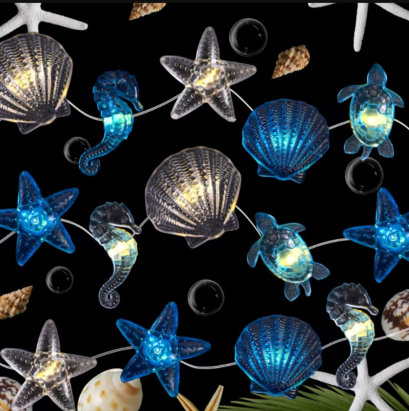 LED varinės vielos žibintų girlianda — Vandenyno serija su kriauklėmis ir jūros arkliuku dekoracijoms kieme ar patalpoje; 20 LED, 2700K, 5000 lm, IP42, baterijų dėžutė