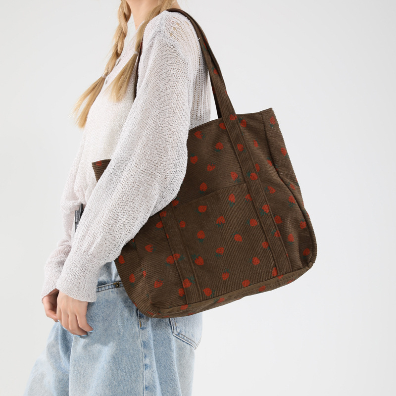 Tote чанта, урбан стил, Corduroy материя, хоризонтална квадратна форма, цип за отваряне, вътрешен джоб за телефон