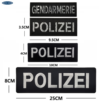 Velcro aizmugurē izšūta uzlīme uz apģērbu ar POLIZEI uzrakstu, Twill audums, zīmols BACK HAND