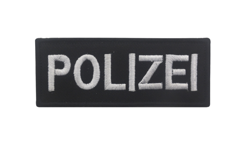 Velcro pritvirtinta siuvinėta etiketė drabužiams su POLIZEI užrašu, Twill audinys, BACK HAND prekės ženklas