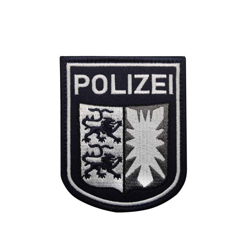 Velcro pritvirtinta siuvinėta etiketė drabužiams su POLIZEI užrašu, Twill audinys, BACK HAND prekės ženklas