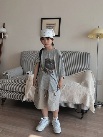 Παιδικά εργασιακά κοντά παντελόνια, κορεατικού στυλ casual, βαμβάκι 62%, μέση με ελαστικό, κοντό μήκος