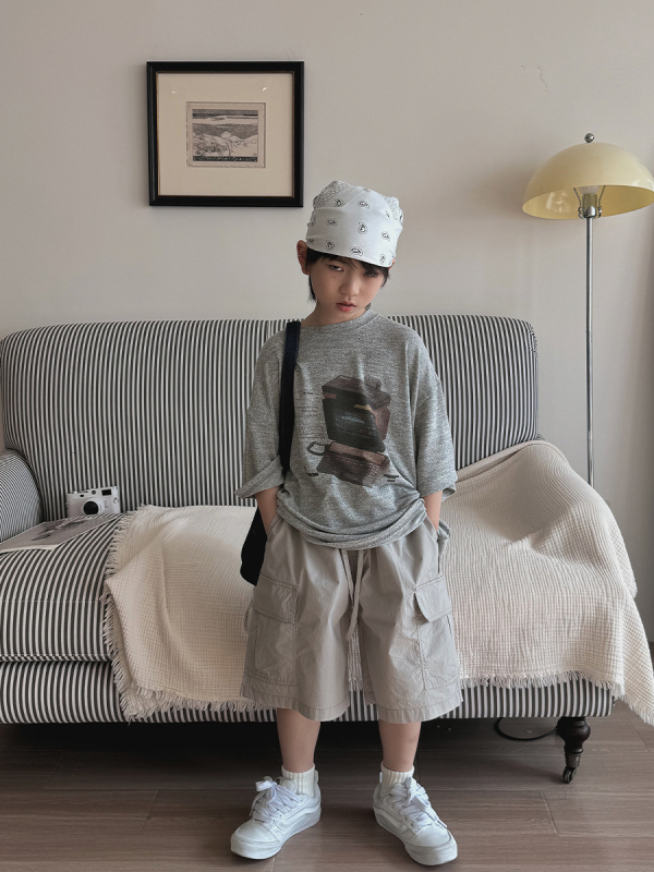 Laste tööshortid, Korea stiilis vaba aja püksid, puuvill 62%, keskjoonel elastne vöö, lühikesed püksid