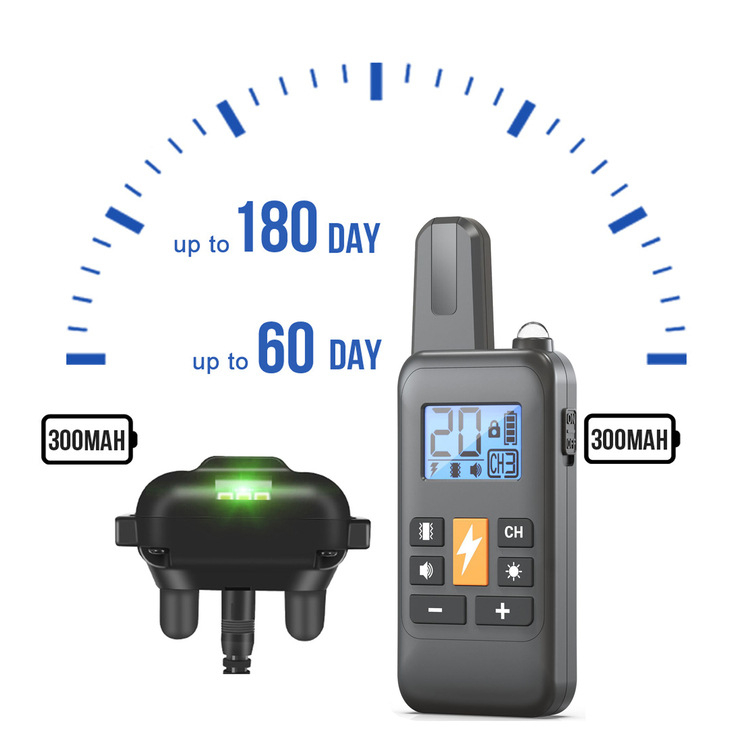 Šunų dresavimo apykaklė su elektrošoku ir vibracija, atspari vandeniui, nuotolinio valdymo diapazonas iki 800 m, plastmasinis korpusas