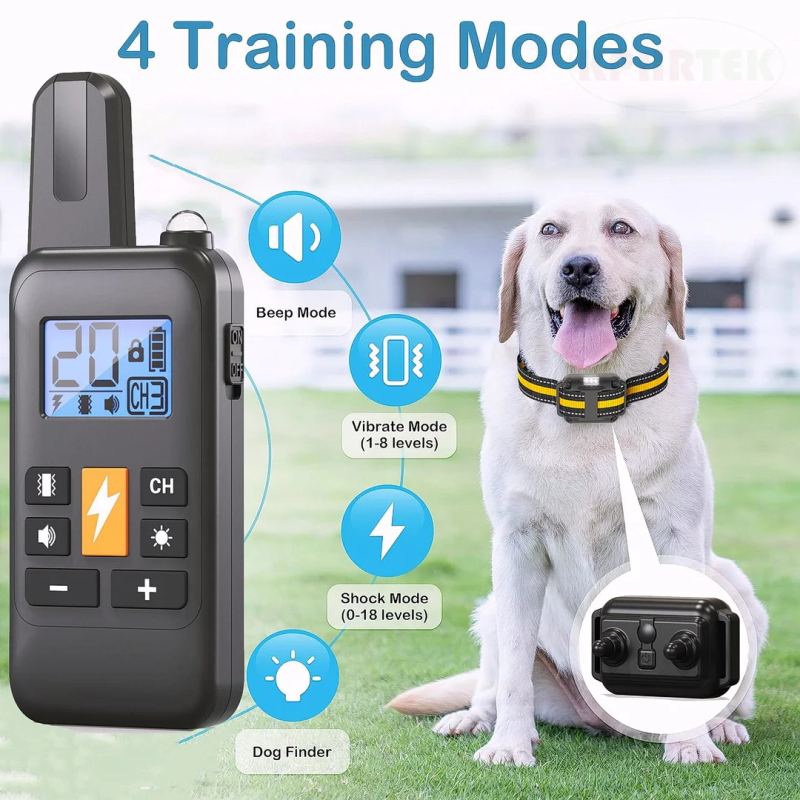 Šunų dresavimo apykaklė su elektrošoku ir vibracija, atspari vandeniui, nuotolinio valdymo diapazonas iki 800 m, plastmasinis korpusas