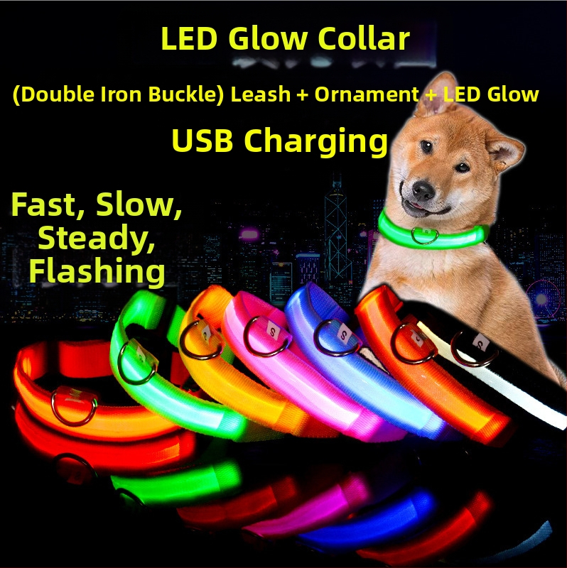 Monochromatinė Nailono LED šunų apykaklė su naktiniu švytėjimu, įkrovimo parinktys S/M/L/XL