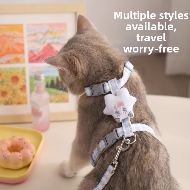 Котешки шлейф за разходки - неразтеглящ се, регулируема презрамка, тракционен ремък за котки, материал: найлоново въже с метални и ABS закопчалки