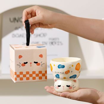 Κεραμικό μπολ γάτας με υψηλή βάση για νερό και φαγητό, στρογγυλό σχήμα, εκτύπωση κινούμενων σχεδίων, κατάλληλο για φούρνο μικροκυμάτων