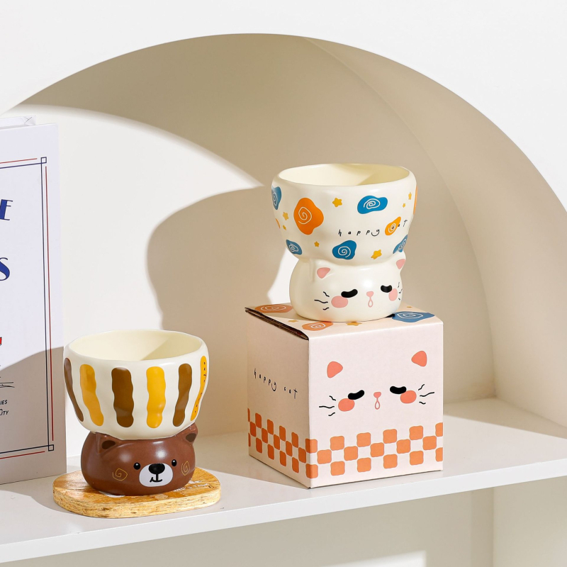 Κεραμικό μπολ γάτας με υψηλή βάση για νερό και φαγητό, στρογγυλό σχήμα, εκτύπωση κινούμενων σχεδίων, κατάλληλο για φούρνο μικροκυμάτων