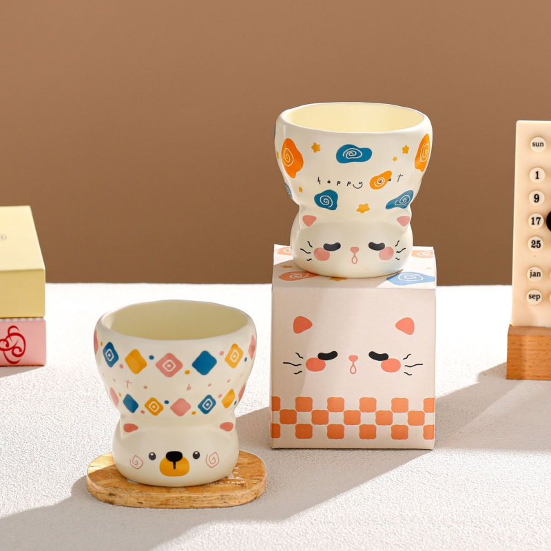 Κεραμικό μπολ γάτας με υψηλή βάση για νερό και φαγητό, στρογγυλό σχήμα, εκτύπωση κινούμενων σχεδίων, κατάλληλο για φούρνο μικροκυμάτων