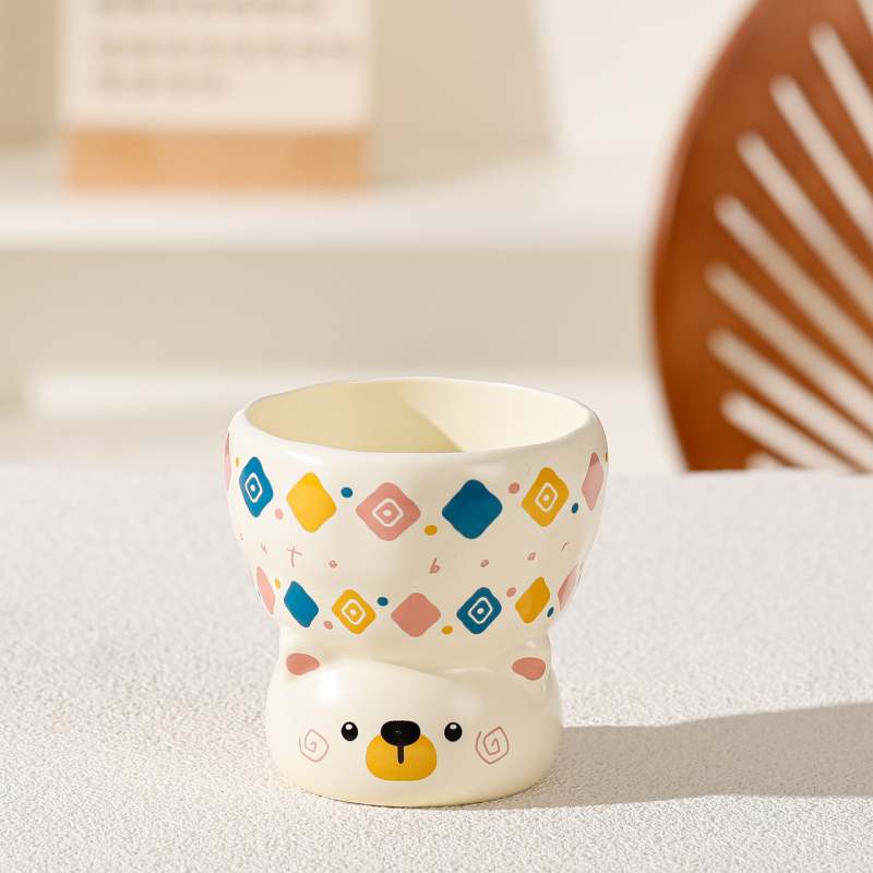 Κεραμικό μπολ γάτας με υψηλή βάση για νερό και φαγητό, στρογγυλό σχήμα, εκτύπωση κινούμενων σχεδίων, κατάλληλο για φούρνο μικροκυμάτων