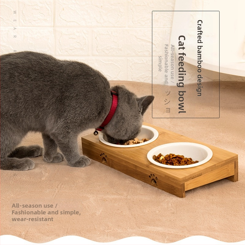 Керамична двойна купа за домашни любимци с бамбукова рамка – лесно почистване, купа за храна и вода за котки и кучета