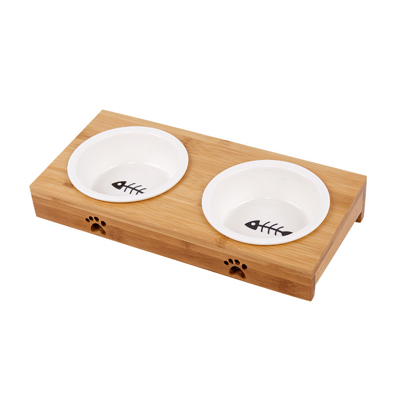 Bambuszkeretes kerámia kettős tál háziállatok számára – könnyen tisztítható, tál élelem és víz macskáknak és kutyáknak