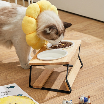 Ράφι τροφοδοσίας γάτας με κεραμικό μπολ και ξύλινο πλαίσιο, κεκλιμένος σχεδιασμός για αποτροπή ανατροπής, μάρκα Aile sheng