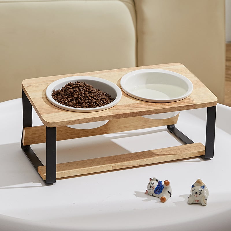 Macska etetőállvány kerámia tál és fa keretből, dönthető kialakítás a kiborzás megelőzésére, márka Aile sheng